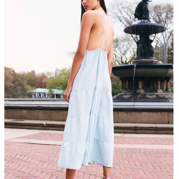 Zara Blue Linen Blend Midi Dress Cross Back Small - Picture 3 of 10